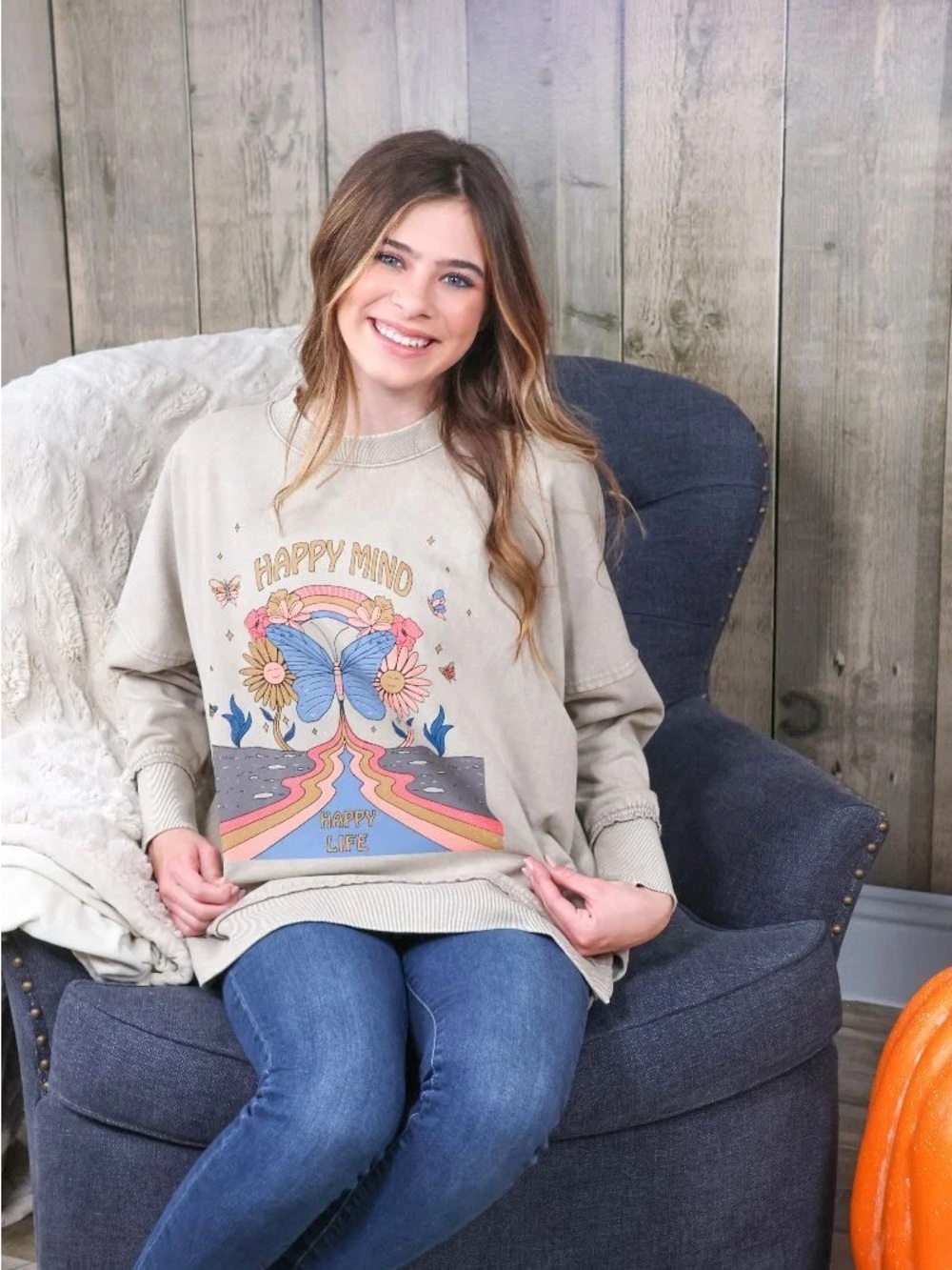 SALE SIMPLY SOUTHERN DISTRESSED HAPPY PULLOVER JERSEY SWEATSHIRT / Size M